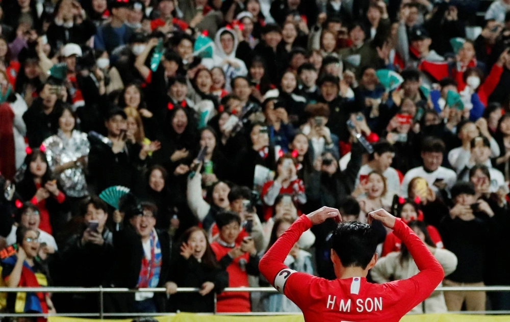 South Korea's Son Heung-min celebrates after a goal in a friendly against Colombia at Seoul World Cup Stadium in 2019.  South Korea's Son Heung-min celebrates after a goal in a friendly against Colombia at Seoul World Cup Stadium in 2019.