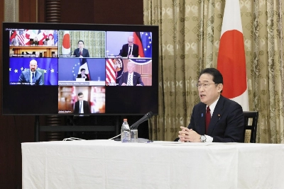 Prime Minister Fumio Kishida takes part in an online meeting of Group of Seven leaders at the Prime Minister's Office in Tokyo late Saturday, the second anniversary of Russia's invasion of Ukraine. Prime Minister Fumio Kishida takes part in an online meeting of Group of Seven leaders at the Prime Minister's Office in Tokyo late Saturday, the second anniversary of Russia's invasion of Ukraine.