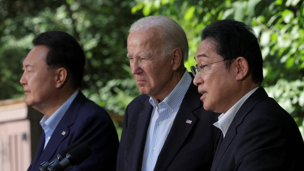 South Korean President Yoon Suk-yeol, U.S. President Joe Biden and Prime Minister Fumio Kishida hold a joint news conference during a trilateral summit at Camp David, Maryland, on Aug. 18. The summit dealt with security and economic security coordination. South Korean President Yoon Suk-yeol, U.S. President Joe Biden and Prime Minister Fumio Kishida hold a joint news conference during a trilateral summit at Camp David, Maryland, on Aug. 18. The summit dealt with security and economic security coordination.
