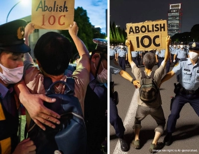 Left: A man protesting the Tokyo 2020 Olympic and Paralympic Games clashes with police on Aug. 8, 2021. Right: An AI-generated version of the photo to the left is included to show the difference between real and fake images in news reporting. Left: A man protesting the Tokyo 2020 Olympic and Paralympic Games clashes with police on Aug. 8, 2021. Right: An AI-generated version of the photo to the left is included to show the difference between real and fake images in news reporting.