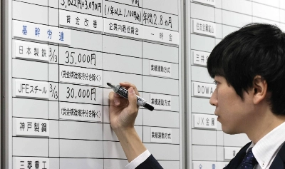 Results of spring wage negotiations are written on a board at an office of the Japan Council of Metalworkers' Unions in Tokyo's Chuo Ward on Wednesday. Results of spring wage negotiations are written on a board at an office of the Japan Council of Metalworkers' Unions in Tokyo's Chuo Ward on Wednesday.