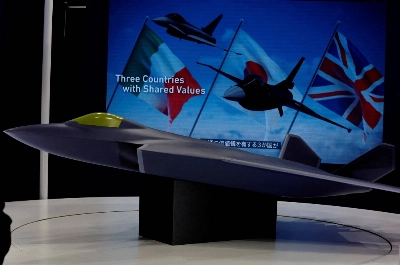 A concept model of the Global Combat Air Programme's fighter jet is displayed at the DSEI Japan defense show at Makuhari Messe in Chiba in March 2023. A concept model of the Global Combat Air Programme's fighter jet is displayed at the DSEI Japan defense show at Makuhari Messe in Chiba in March 2023.