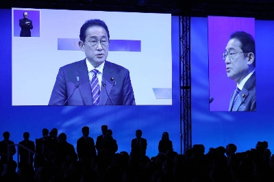 Prime Minister and Liberal Democratic Party President Fumio Kishida delivers a speech during the LDP's 91st party convention in Tokyo on Sunday. Prime Minister and Liberal Democratic Party President Fumio Kishida delivers a speech during the LDP's 91st party convention in Tokyo on Sunday.