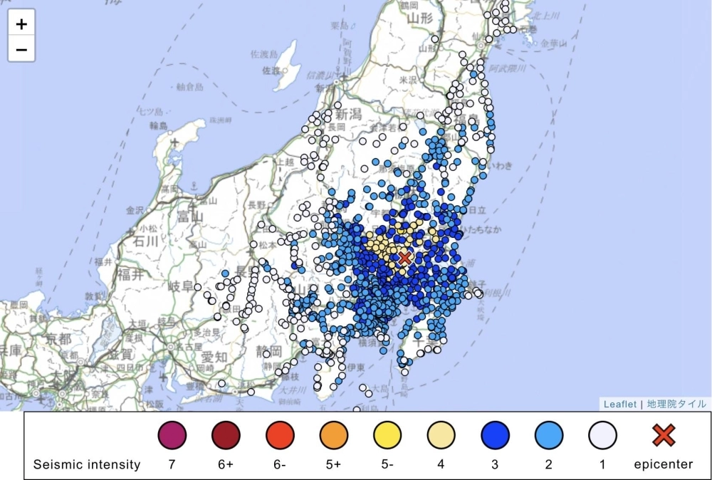 A map from the Japan Meteorological Agency displays the shindo intensity of the quake that struck the Kanto region at 9:08 a.m. on Thursday. A map from the Japan Meteorological Agency displays the shindo intensity of the quake that struck the Kanto region at 9:08 a.m. on Thursday.