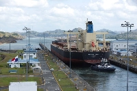 The Monrovia NSU Challenger bulk carrier transits the expanded canal through the Cocoli Locks of the Panama Canal in April 2023. | REUTERS
