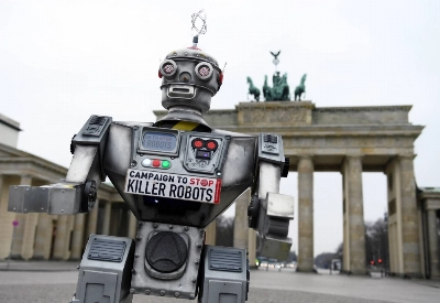 Activists opposed to lethal autonomous weapons, or so-called killer robots, protest in Berlin in March 2019.  Activists opposed to lethal autonomous weapons, or so-called killer robots, protest in Berlin in March 2019.