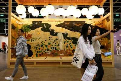 An installation titled "Ukiyo-e" by Atsushi Kaga is displayed at Art Basel in Hong Kong on Tuesday.  An installation titled "Ukiyo-e" by Atsushi Kaga is displayed at Art Basel in Hong Kong on Tuesday.