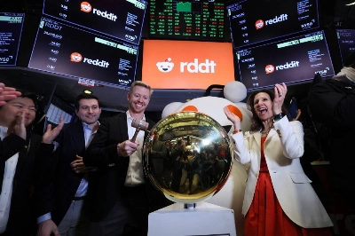 Reddit CEO Steve Huffman rings a ceremonial bell at the New York Stock Exchange (NYSE) to celebrate the company's initial public offering on March 21. Reddit CEO Steve Huffman rings a ceremonial bell at the New York Stock Exchange (NYSE) to celebrate the company's initial public offering on March 21.