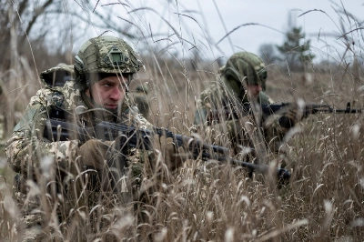 New recruits of the Ukrainian military's 1st Da Vinci Wolves Separate Mechanized Battalion take part in a military exercise in an undisclosed location in central Ukraine on March 12. New recruits of the Ukrainian military's 1st Da Vinci Wolves Separate Mechanized Battalion take part in a military exercise in an undisclosed location in central Ukraine on March 12.