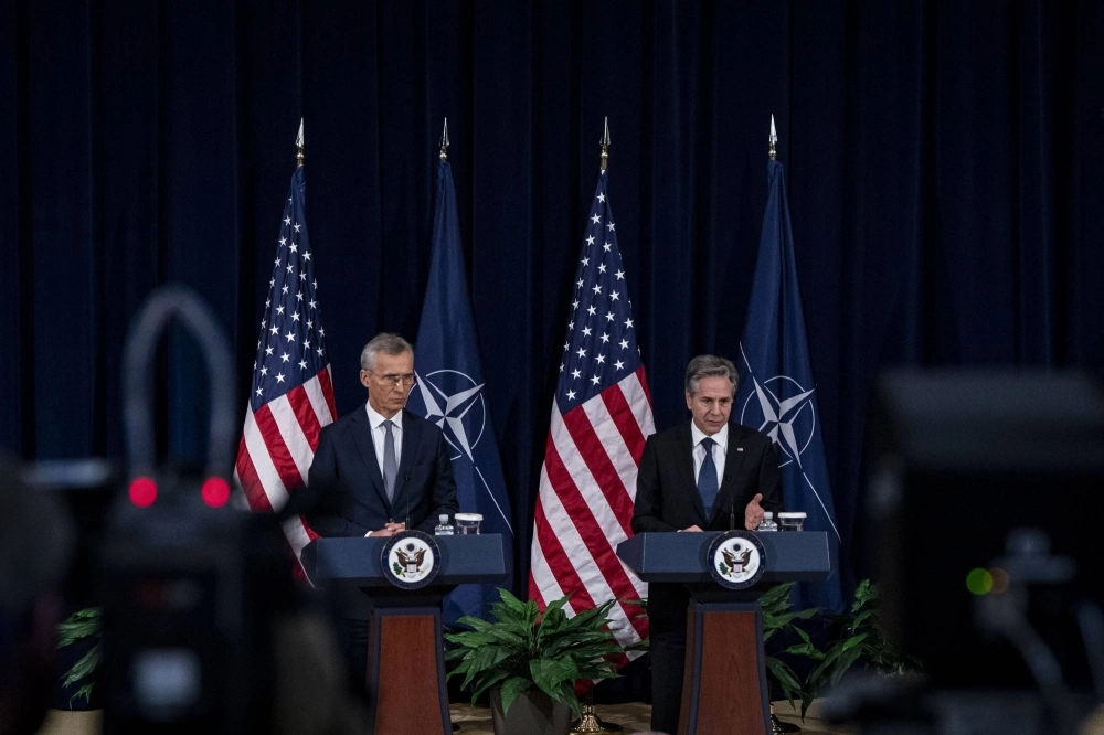 NATO’s Jens Stoltenberg (left) and the U.S. Secretary of State Antony Blinken during a news conference in Washington on Jan. 29 NATO’s Jens Stoltenberg (left) and the U.S. Secretary of State Antony Blinken during a news conference in Washington on Jan. 29