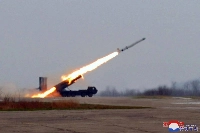 North Korea conducts a test of a "super-large warhead" designed for its "Hwasal-1 Ra-3" strategic cruise missile in this photo released Saturday. | KCNA / KNS / VIA AFP-JIJI