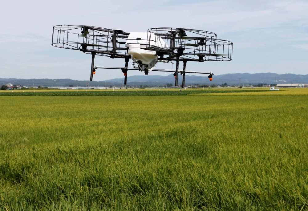 An automated drone flies over rice plants, spraying pesticide while diagnosing growth of individual rice stalks, during a demonstration in Tome, Miyagi Prefecture, in 2018. Although the price of rice monitoring technology might be too steep for family-run farms, the national government provides funds to support such efforts. An automated drone flies over rice plants, spraying pesticide while diagnosing growth of individual rice stalks, during a demonstration in Tome, Miyagi Prefecture, in 2018. Although the price of rice monitoring technology might be too steep for family-run farms, the national government provides funds to support such efforts.