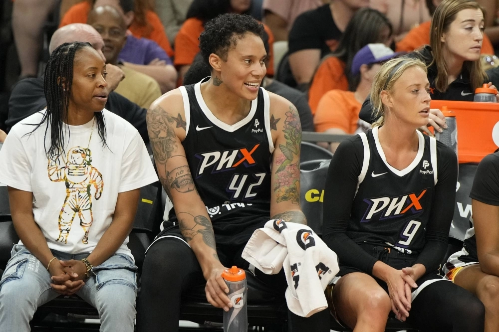 Brittney Griner (center) watches from the bench as the Mercury face the Sky on May 21, 2023. Griner was detained in Russia for nine months after being arrested on drug charges in 2022. Brittney Griner (center) watches from the bench as the Mercury face the Sky on May 21, 2023. Griner was detained in Russia for nine months after being arrested on drug charges in 2022.