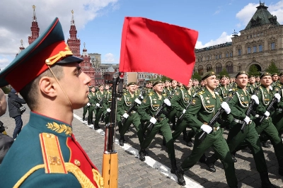 Russian officers march during the main military parade rehearsals in Moscow's Red Square on May 5. Russian officers march during the main military parade rehearsals in Moscow's Red Square on May 5.