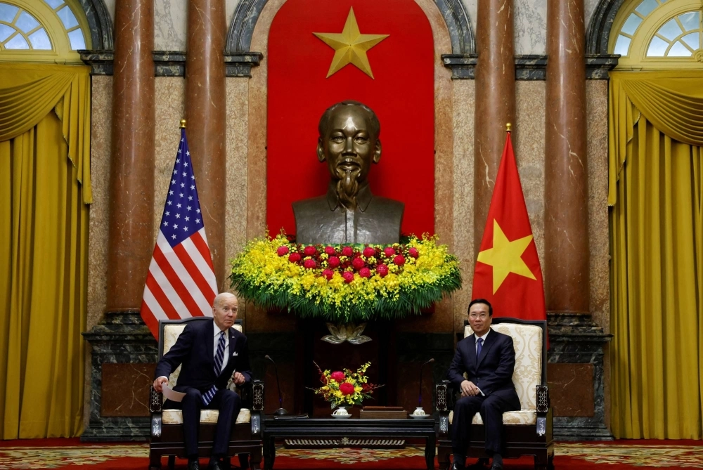 U.S. President Joe Biden meets with Vietnam President Vo Van Thuong in Hanoi on Sept. 11, 2023. During Biden's visit to Hanoi last year, the U.S. and Vietnam elevated ties to a comprehensive strategic partnership. U.S. President Joe Biden meets with Vietnam President Vo Van Thuong in Hanoi on Sept. 11, 2023. During Biden's visit to Hanoi last year, the U.S. and Vietnam elevated ties to a comprehensive strategic partnership.
