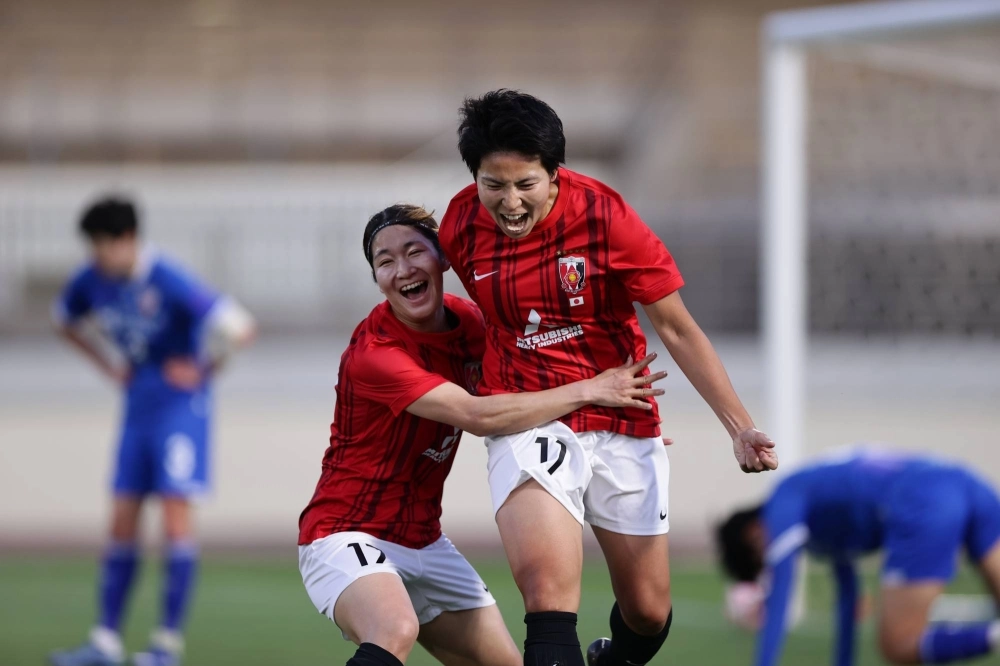 Urawa's Kiko Seike (right) celebrates with Yu Endo during the AFC Women’s Championship Cup at Urawa Komaba Stadium in Saitama on Friday. Urawa's Kiko Seike (right) celebrates with Yu Endo during the AFC Women’s Championship Cup at Urawa Komaba Stadium in Saitama on Friday.