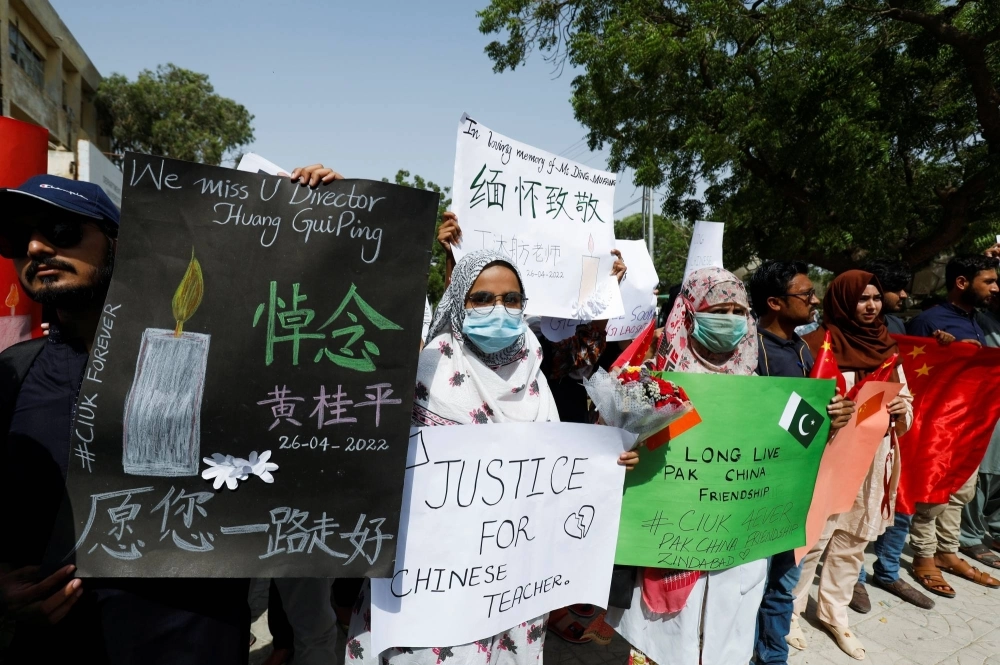 A demonstration condemning the killing of three Chinese teachers from the University of Karachi's Confucius Institute in April 2022. Terrorist groups in Pakistan are targeting Chinese nationals and threatening Beijing's Belt and Road initiative projects in the country. A demonstration condemning the killing of three Chinese teachers from the University of Karachi's Confucius Institute in April 2022. Terrorist groups in Pakistan are targeting Chinese nationals and threatening Beijing's Belt and Road initiative projects in the country.