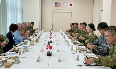 U.S. Ambassador to Japan Rahm Emanuel meets with members of the Self-Defense Forces stationed on Yonaguni, Okinawa Prefecture, on Friday. U.S. Ambassador to Japan Rahm Emanuel meets with members of the Self-Defense Forces stationed on Yonaguni, Okinawa Prefecture, on Friday.