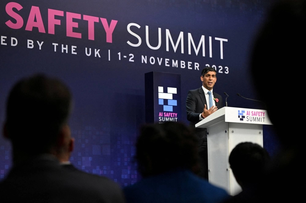 Britain's Prime Minister Rishi Sunak speaks during the U.K. Artificial Intelligence (AI) Safety Summit at Bletchley Park, near Milton Keynes, Britain, on Nov. 2, 2023.  Britain's Prime Minister Rishi Sunak speaks during the U.K. Artificial Intelligence (AI) Safety Summit at Bletchley Park, near Milton Keynes, Britain, on Nov. 2, 2023.