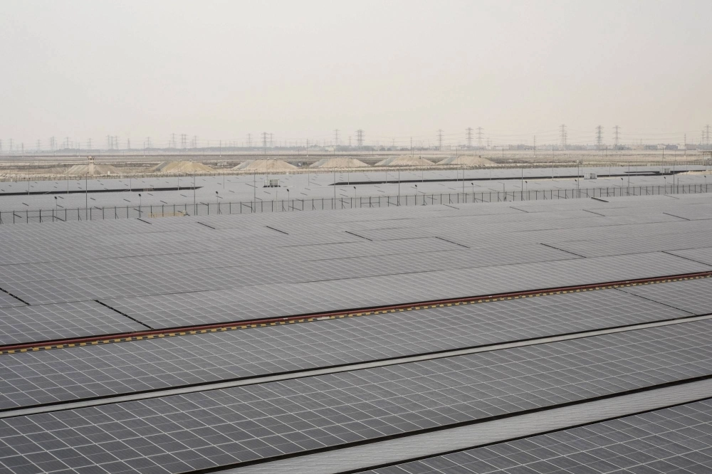 Arrays of solar panels that help power the Jazlah Water Desalination plant, reducing carbon dioxide emissions, in Jubail, Saudi Arabia, on March 4 Arrays of solar panels that help power the Jazlah Water Desalination plant, reducing carbon dioxide emissions, in Jubail, Saudi Arabia, on March 4