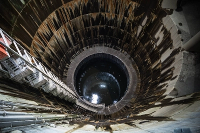 The view from the top of one of the five 70-meter-deep shafts spread across the tunnel system of the ¥230 billion Metropolitan Area Outer Underground Discharge Channel. The view from the top of one of the five 70-meter-deep shafts spread across the tunnel system of the ¥230 billion Metropolitan Area Outer Underground Discharge Channel.