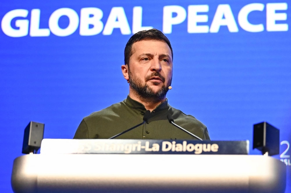 Ukrainian President Volodymyr Zelenskyy speaks during the Shangri-La Dialogue security conference in Singapore on Sunday. Ukrainian President Volodymyr Zelenskyy speaks during the Shangri-La Dialogue security conference in Singapore on Sunday.
