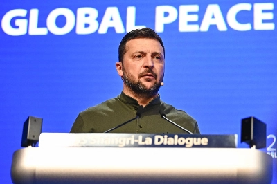 Ukrainian President Volodymyr Zelenskyy speaks during the Shangri-La Dialogue security conference in Singapore on Sunday. Ukrainian President Volodymyr Zelenskyy speaks during the Shangri-La Dialogue security conference in Singapore on Sunday.