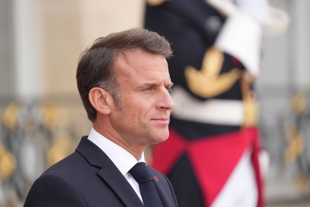French President Emmanuel Macron during U.S. President Joe Biden's visit to the Elysee Palace in Paris on Saturday French President Emmanuel Macron during U.S. President Joe Biden's visit to the Elysee Palace in Paris on Saturday