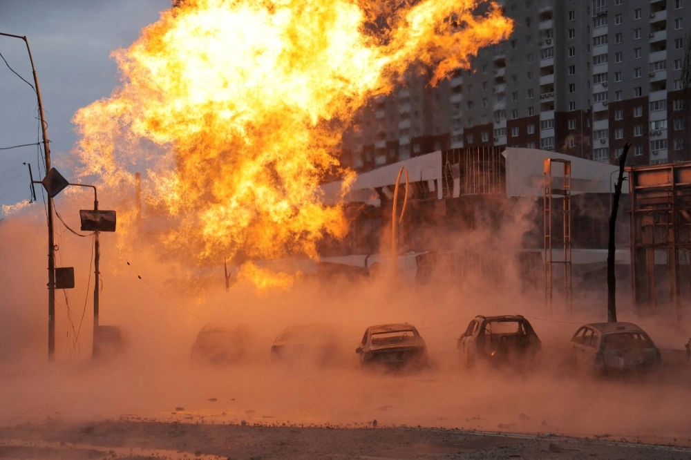 Fire rages after a Russian missile strike in Kyiv on Jan. 2. Fire rages after a Russian missile strike in Kyiv on Jan. 2.