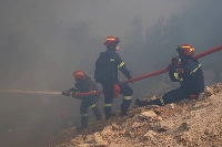 Firefighters try to tackle a wildfire burning near the village of Resta on the island of Chios, Greece, on June 7. | REUTERS