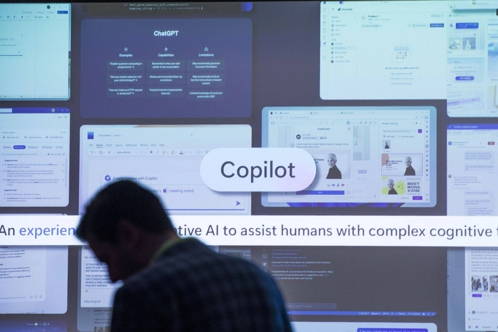 A demonstration of Microsoft's Copilot artificial intelligence on screen during an event in Sydney on Wednesday. A demonstration of Microsoft's Copilot artificial intelligence on screen during an event in Sydney on Wednesday.