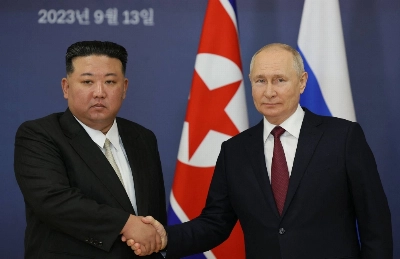 North Korean leader Kim Jong Un shakes hands with Russian President Vladimir Putin during their meeting at the Vostochny Cosmodrome in Russia's Amur region last September. North Korean leader Kim Jong Un shakes hands with Russian President Vladimir Putin during their meeting at the Vostochny Cosmodrome in Russia's Amur region last September.
