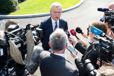 NATO Secretary-General Jens Stoltenberg speaks to the media outside of the West Wing of the White House in Washington on Monday following a meeting with U.S. President Joe Biden. NATO Secretary-General Jens Stoltenberg speaks to the media outside of the West Wing of the White House in Washington on Monday following a meeting with U.S. President Joe Biden.