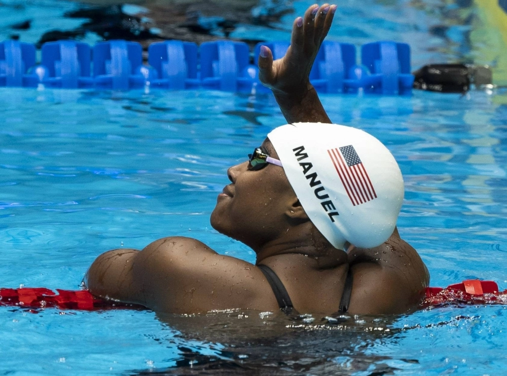 Simone Manuel, seen on at the U.S. trials in Indianapolis on June 18, won the 50-meter freestyle on Sunday. Simone Manuel, seen on at the U.S. trials in Indianapolis on June 18, won the 50-meter freestyle on Sunday.