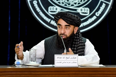 A Taliban spokesperson addresses a press conference in Kabul on Saturday. A Taliban spokesperson addresses a press conference in Kabul on Saturday.