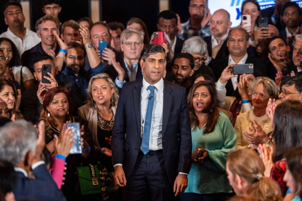 British Prime Minister Rishi Sunak campaigns at a Conservative Party general election campaign event at the National Army Museum in London on Tuesday. British Prime Minister Rishi Sunak campaigns at a Conservative Party general election campaign event at the National Army Museum in London on Tuesday.