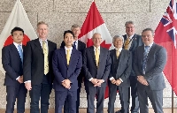 Kiyoshi Seko (third from left), director and chief operating officer at Kyoto Fusioneering, with colleagues, members of Canadian Nuclear Laboratories (CNL) and Canadian government officials. Kyoto Fusioneering and CNL established a joint venture in May. | Kyoto Fusioneering