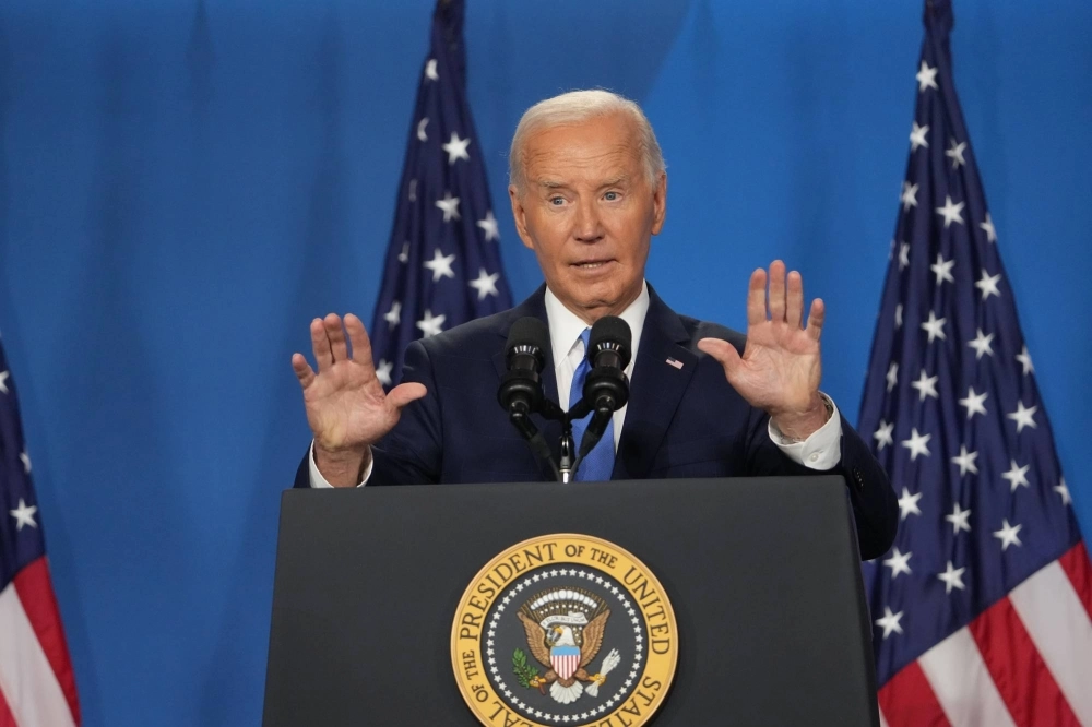 U.S. President Joe Biden speaks during a news conference at the NATO Summit in Washington on Thursday. U.S. President Joe Biden speaks during a news conference at the NATO Summit in Washington on Thursday.