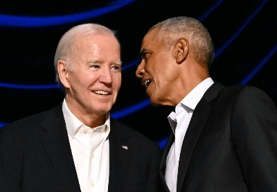 U.S. President Joe Biden and former President Barack Obama attend a campaign fundraiser at the Peacock Theater in Los Angeles on June 15. U.S. President Joe Biden and former President Barack Obama attend a campaign fundraiser at the Peacock Theater in Los Angeles on June 15.