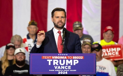 U.S. Sen. J.D. Vance, the Republican vice presidential nominee, addresses a crowd of supporters during a campaign event at Radford University in Radford, Virginia, on Monday. U.S. Sen. J.D. Vance, the Republican vice presidential nominee, addresses a crowd of supporters during a campaign event at Radford University in Radford, Virginia, on Monday.
