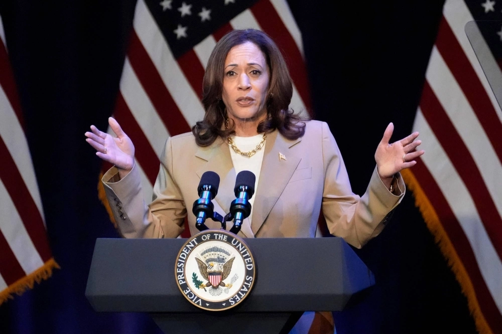 U.S. Vice President and Democratic presidential candidate Kamala Harris speaks during a campaign fundraising event at the Colonial Theater in Pittsfield, Massachusetts, on Saturday. U.S. Vice President and Democratic presidential candidate Kamala Harris speaks during a campaign fundraising event at the Colonial Theater in Pittsfield, Massachusetts, on Saturday.