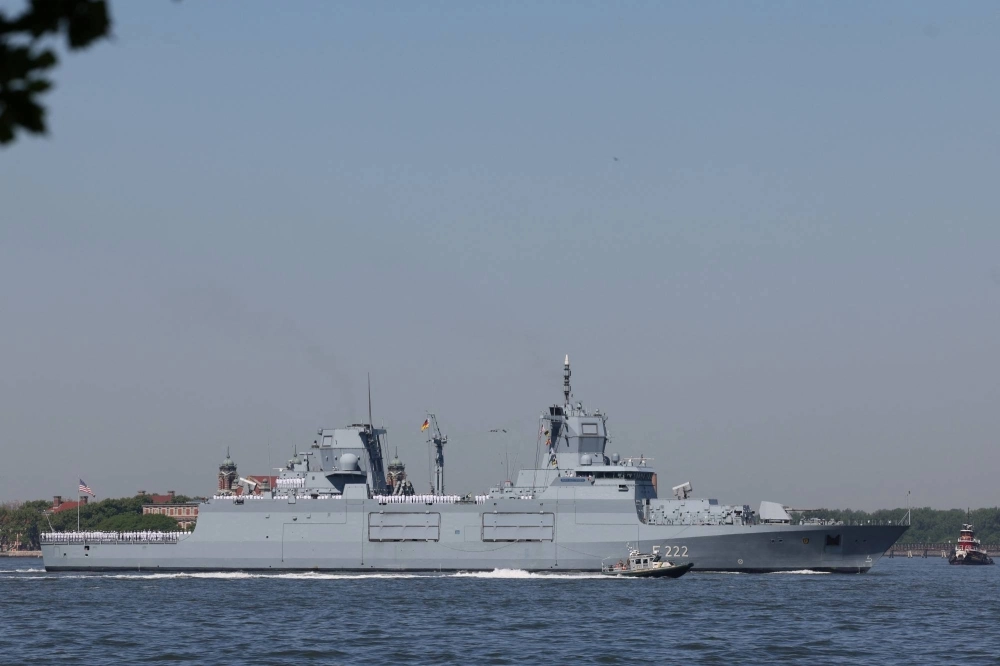 Sailors line the deck of the German frigate F222 Baden-Wuerttemberg as it arrives in New York Harbor in New York on May 22 during a parade of ships to kick off "Fleet Week 2024.” Sailors line the deck of the German frigate F222 Baden-Wuerttemberg as it arrives in New York Harbor in New York on May 22 during a parade of ships to kick off "Fleet Week 2024.”