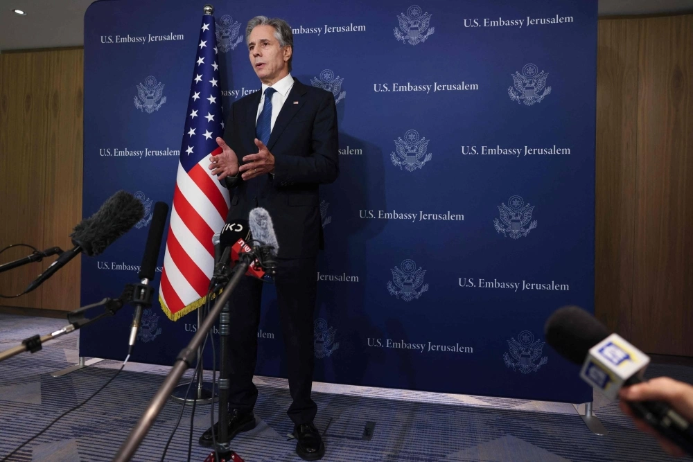 U.S. Secretary of State Antony Blinken speaks to members of the press at David Kempinski Hotel in Tel Aviv on Monday.  U.S. Secretary of State Antony Blinken speaks to members of the press at David Kempinski Hotel in Tel Aviv on Monday.