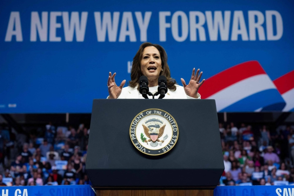 Democratic presidential candidate U.S. Vice President Kamala Harris speaks at a campaign rally at Enmarket Arena during a two-day campaign bus tour in Savannah, Georgia, on Thursday. Democratic presidential candidate U.S. Vice President Kamala Harris speaks at a campaign rally at Enmarket Arena during a two-day campaign bus tour in Savannah, Georgia, on Thursday.