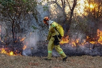 A firefighter sprays water to fight a forest fire in the city of Sao Carlos, Sao Paulo State, Brazil, on Wednesday.  | AFP-Jiji