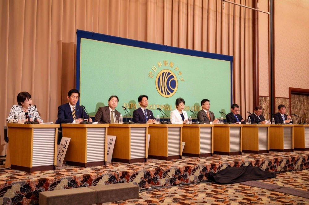 Candidates for the ruling Liberal Democratic Party's presidential election take part in a debate in Tokyo on Saturday. Of the nine candidates, three — Takayuki Kobayashi, Taro Kono, and Shigeru Ishiba — have been particularly vocal with their views on the country's energy strategy. Candidates for the ruling Liberal Democratic Party's presidential election take part in a debate in Tokyo on Saturday. Of the nine candidates, three — Takayuki Kobayashi, Taro Kono, and Shigeru Ishiba — have been particularly vocal with their views on the country's energy strategy.