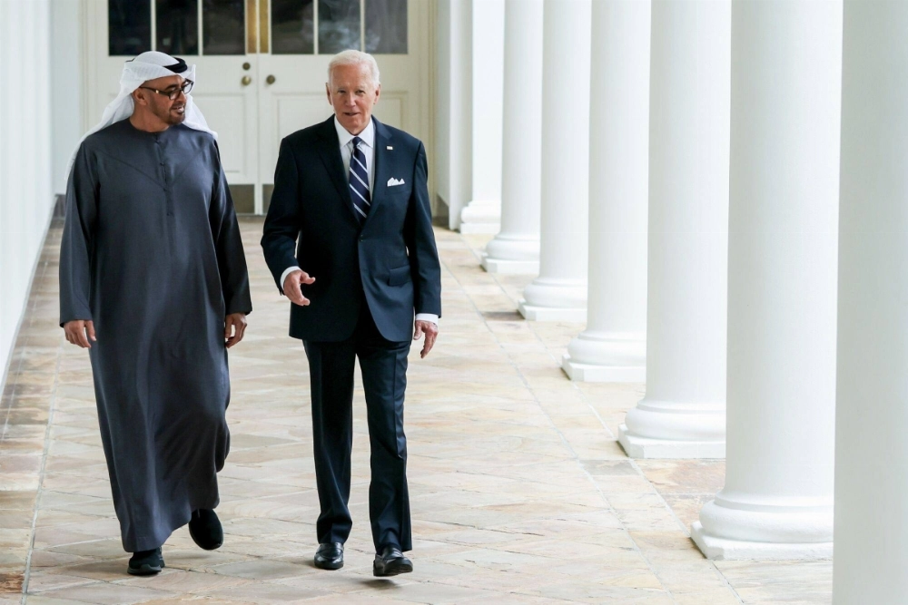 U.S. President Joe Biden, right, and Sheikh Mohammed bin Zayed Al Nahyan, United Arab Emirate's president, walk through the White House in Washington on Monday. U.S. President Joe Biden, right, and Sheikh Mohammed bin Zayed Al Nahyan, United Arab Emirate's president, walk through the White House in Washington on Monday.
