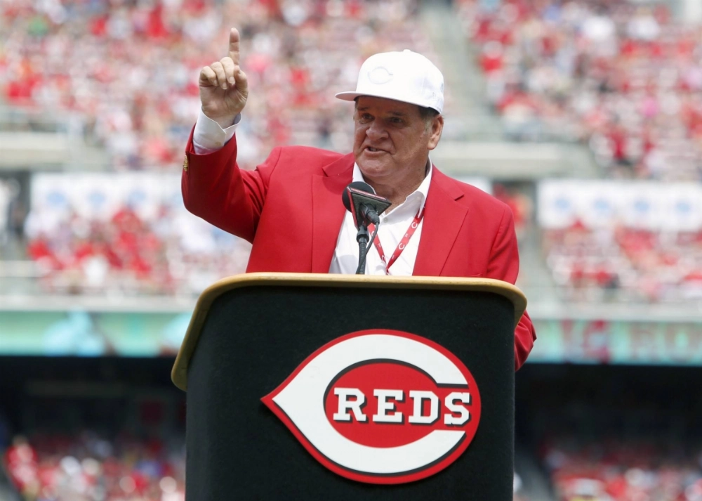 Former Reds great Pete Rose speaks during a pregame ceremony for the unveiling of his bronze statue at Great American Ball Park in Cincinnati in June 2017. Former Reds great Pete Rose speaks during a pregame ceremony for the unveiling of his bronze statue at Great American Ball Park in Cincinnati in June 2017.