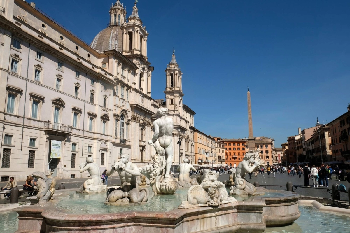 The Piazza Navona in Rome is built on the site of the Stadium of Domitian, built in the 1st century AD, and follows the form of the stadium. The Piazza Navona in Rome is built on the site of the Stadium of Domitian, built in the 1st century AD, and follows the form of the stadium.