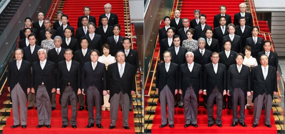 An Oct. 1 picture of Prime Minister Shigeru Ishiba and his Cabinet posted on the website of the Prime Minister's Office (right) appears slightly different from one taken by a media agency (left). Chief Cabinet Secretary Yoshimasa Hayashi admitted on Monday that the photo underwent minor digital edits before being uploaded to the government website. An Oct. 1 picture of Prime Minister Shigeru Ishiba and his Cabinet posted on the website of the Prime Minister's Office (right) appears slightly different from one taken by a media agency (left). Chief Cabinet Secretary Yoshimasa Hayashi admitted on Monday that the photo underwent minor digital edits before being uploaded to the government website.